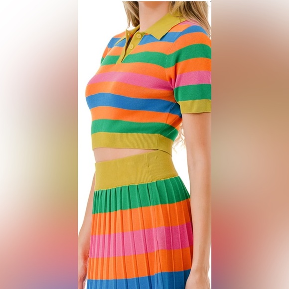 Women’s Colorful Rainbow Striped Cropped Shirt & Pleated Maxi Skirt Set Sz Large - Picture 2 of 12